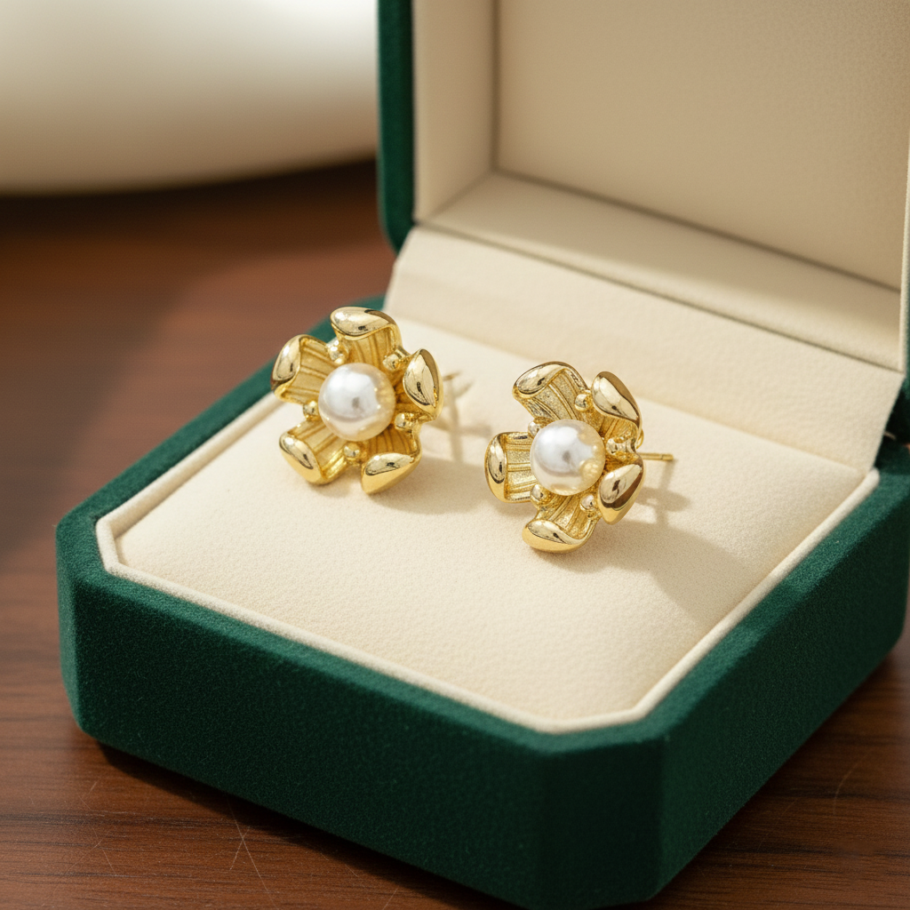 Gold Floral Pearl Stud Earrings