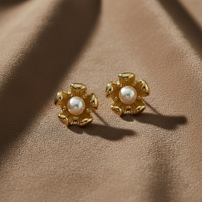 Gold Floral Pearl Stud Earrings