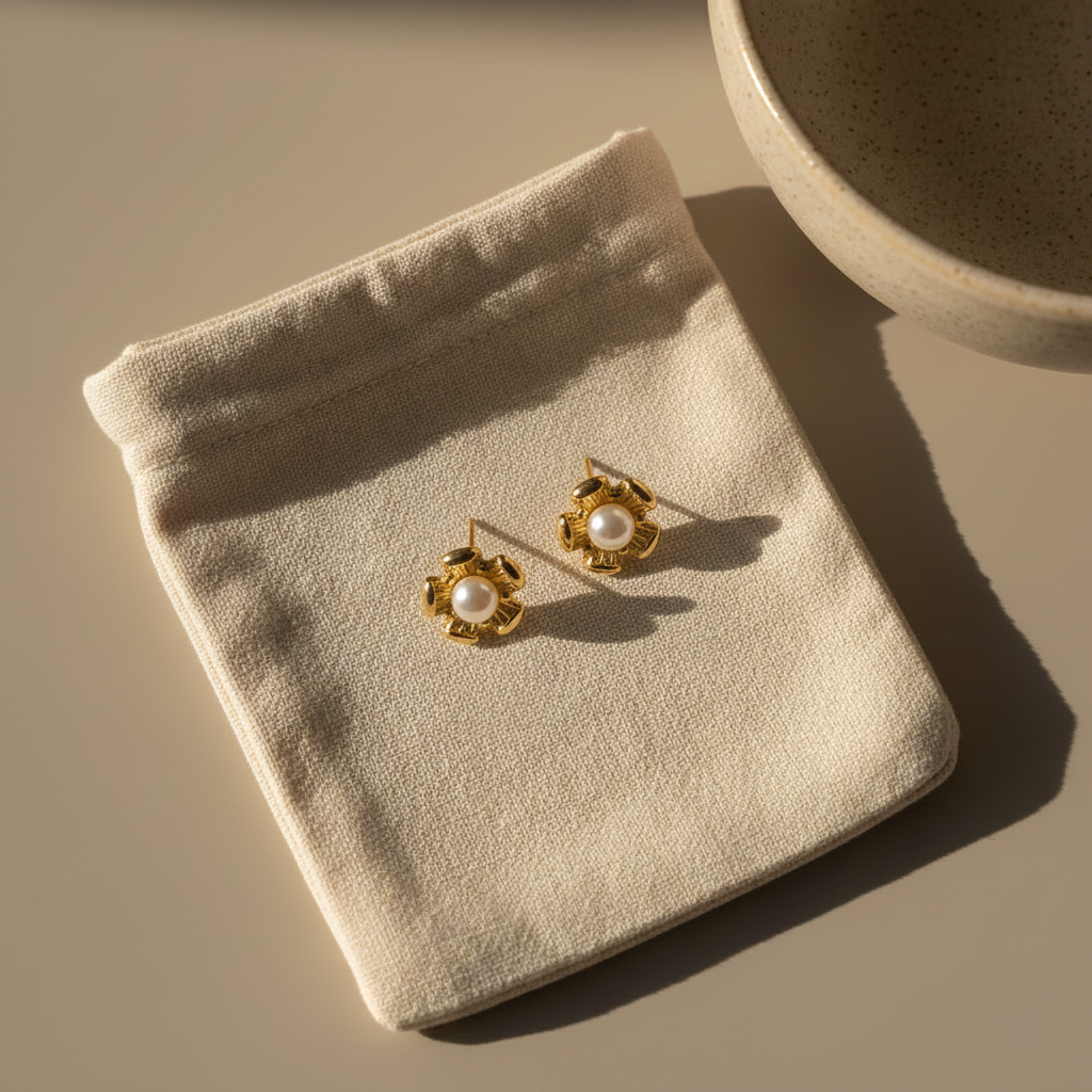 Gold Floral Pearl Stud Earrings