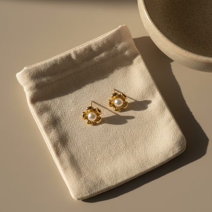 Gold Floral Pearl Stud Earrings