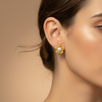 Gold Floral Pearl Stud Earrings