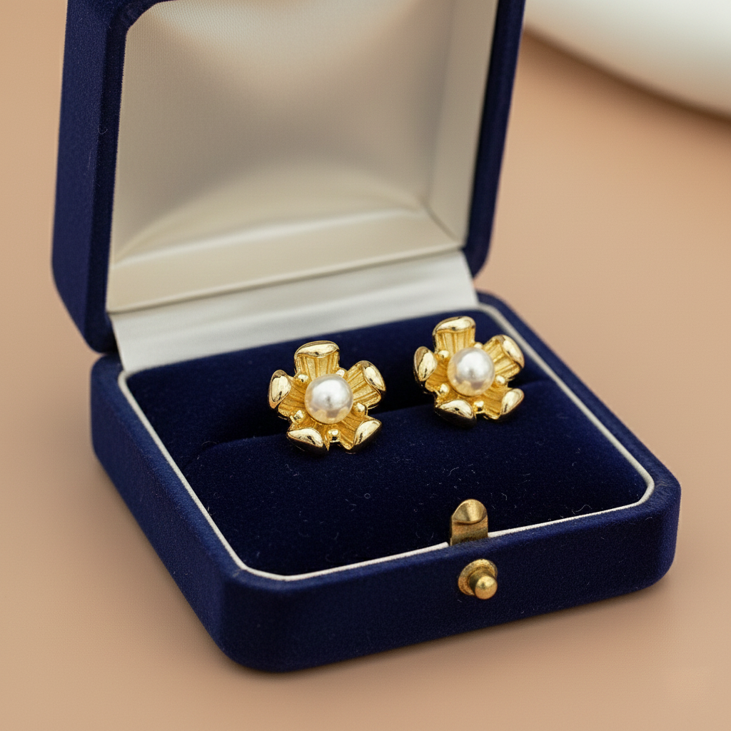 Gold Floral Pearl Stud Earrings