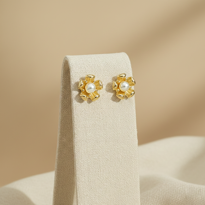 Gold Floral Pearl Stud Earrings
