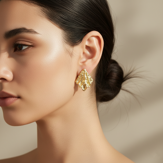 Gold Leaf Design Stud Earrings
