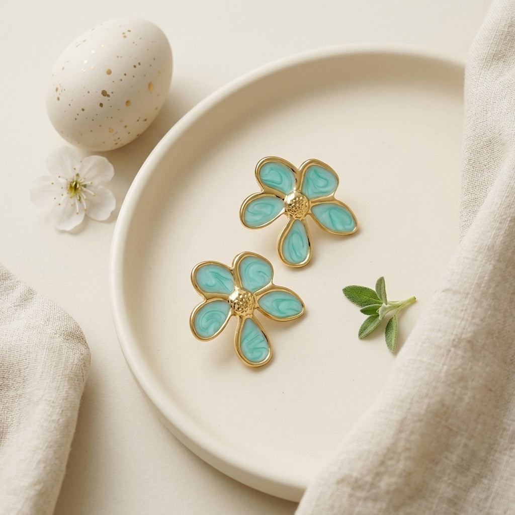 Daisy Stud Enamel Earrings – Turquoise Floral Earrings