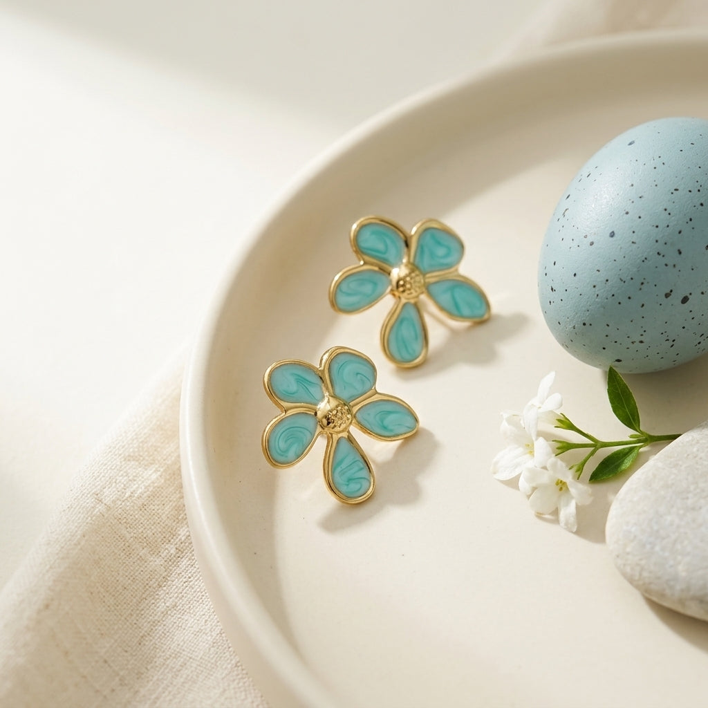 Daisy Stud Enamel Earrings – Turquoise Floral Earrings