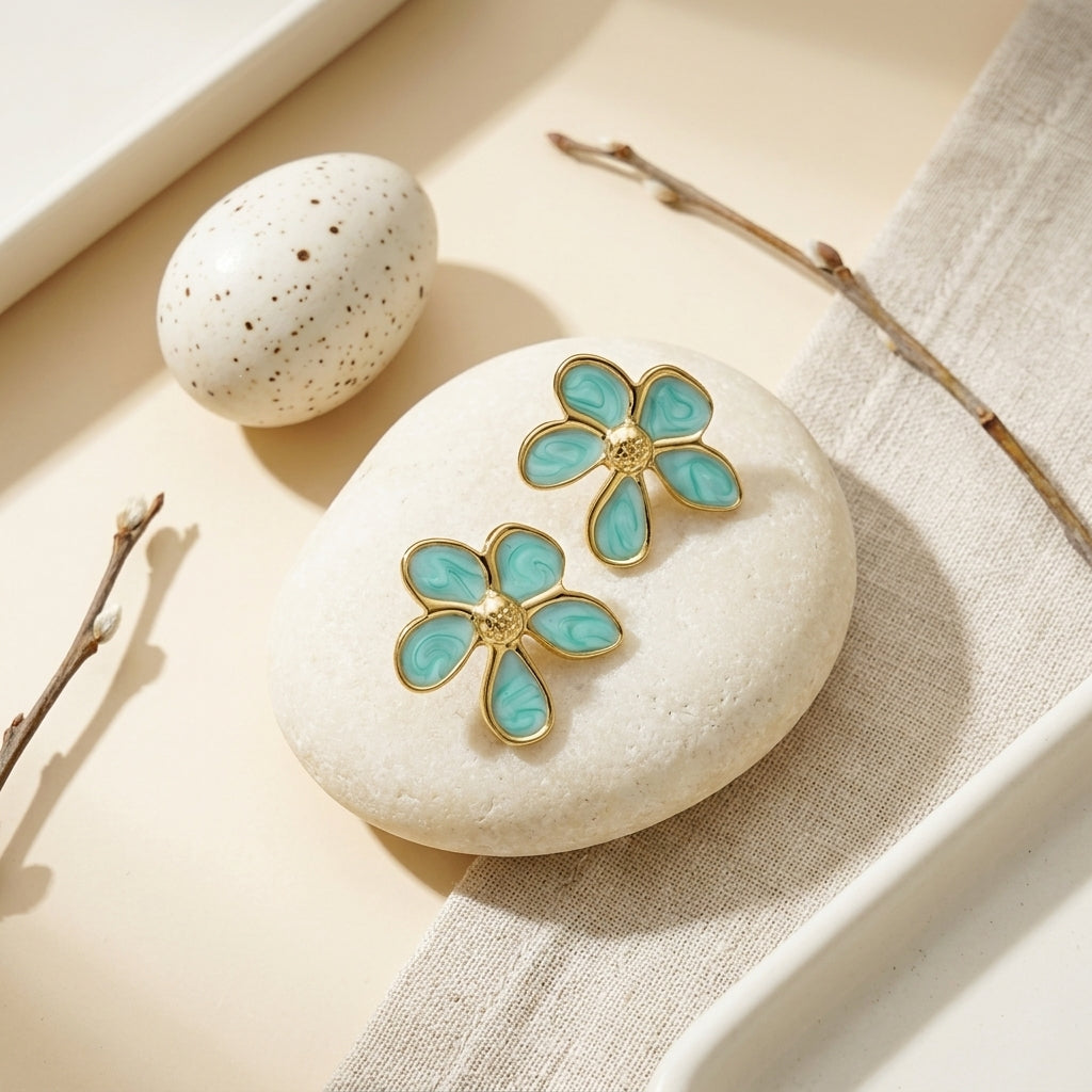 Daisy Stud Enamel Earrings – Turquoise Floral Earrings