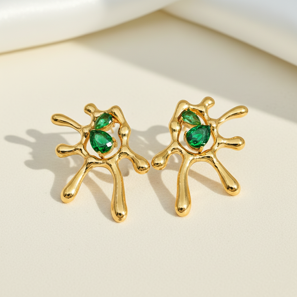Abstract Gold & Green Stone Stud Earrings