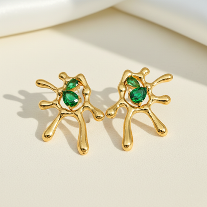 Abstract Gold & Green Stone Stud Earrings