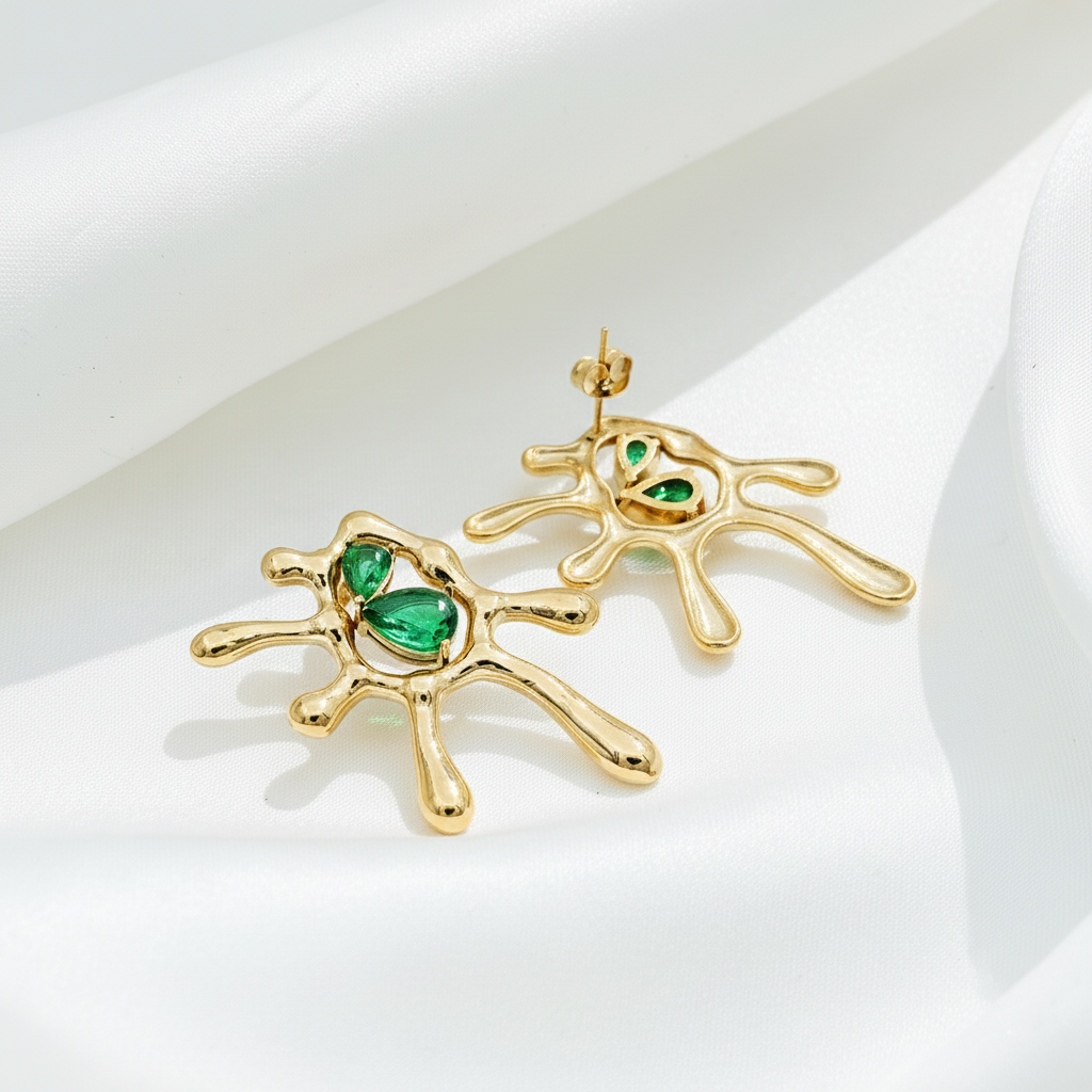 Abstract Gold & Green Stone Stud Earrings