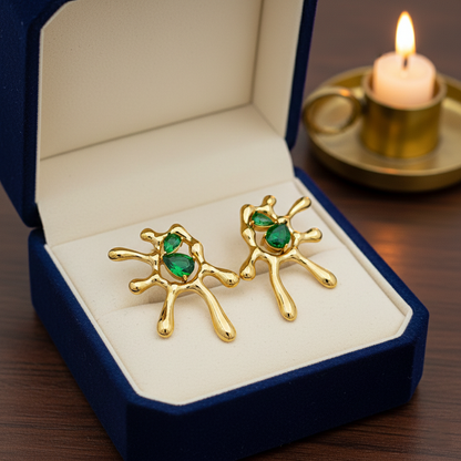 Abstract Gold & Green Stone Stud Earrings
