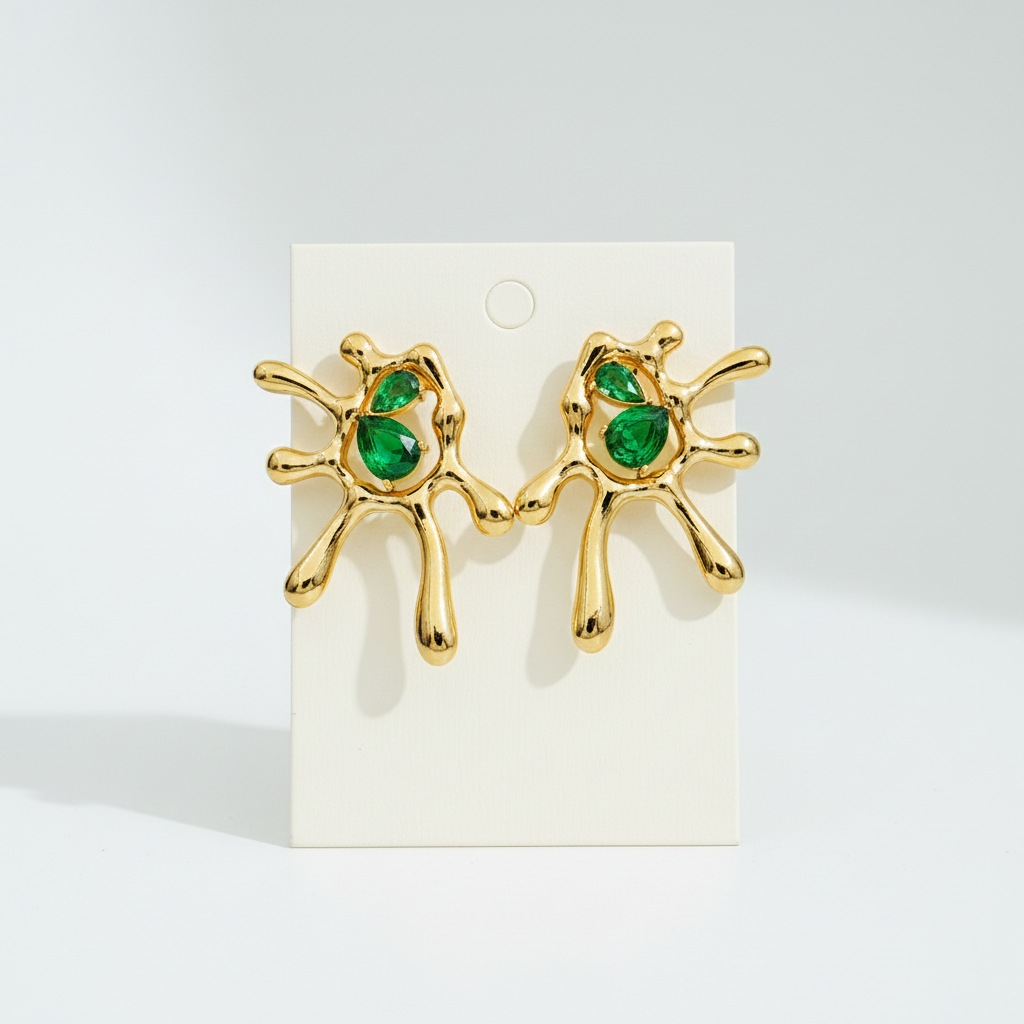 Abstract Gold & Green Stone Stud Earrings
