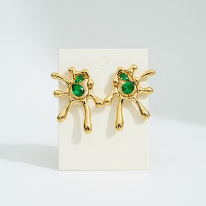Abstract Gold & Green Stone Stud Earrings
