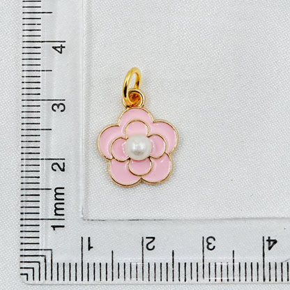 Pink Enamel Flower Pearl Charm