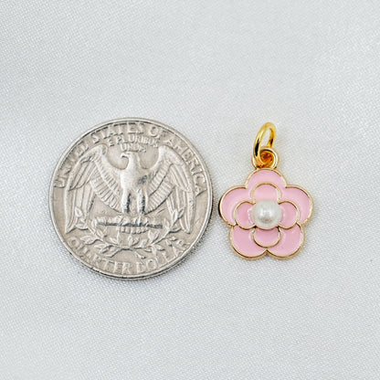 Pink Enamel Flower Pearl Charm