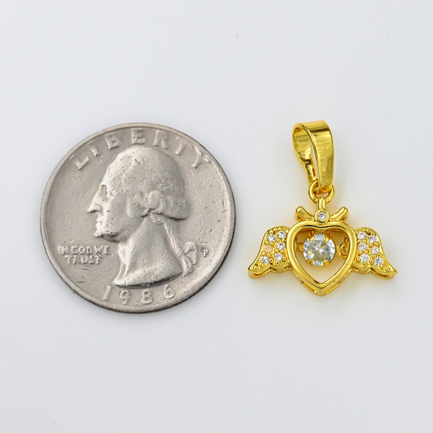 Gold Winged Heart Charm with Floating Crystal