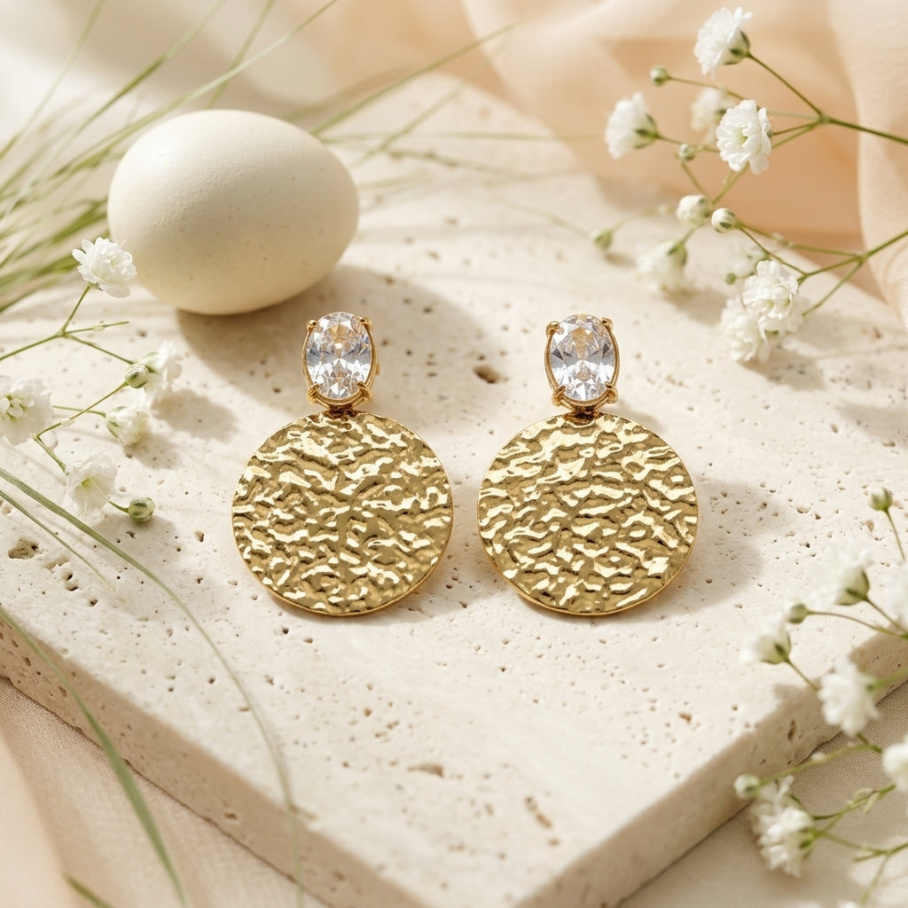 Golden Textured Disc Drop Earrings