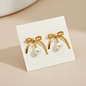 Gold Bow Pearl Drop Earrings