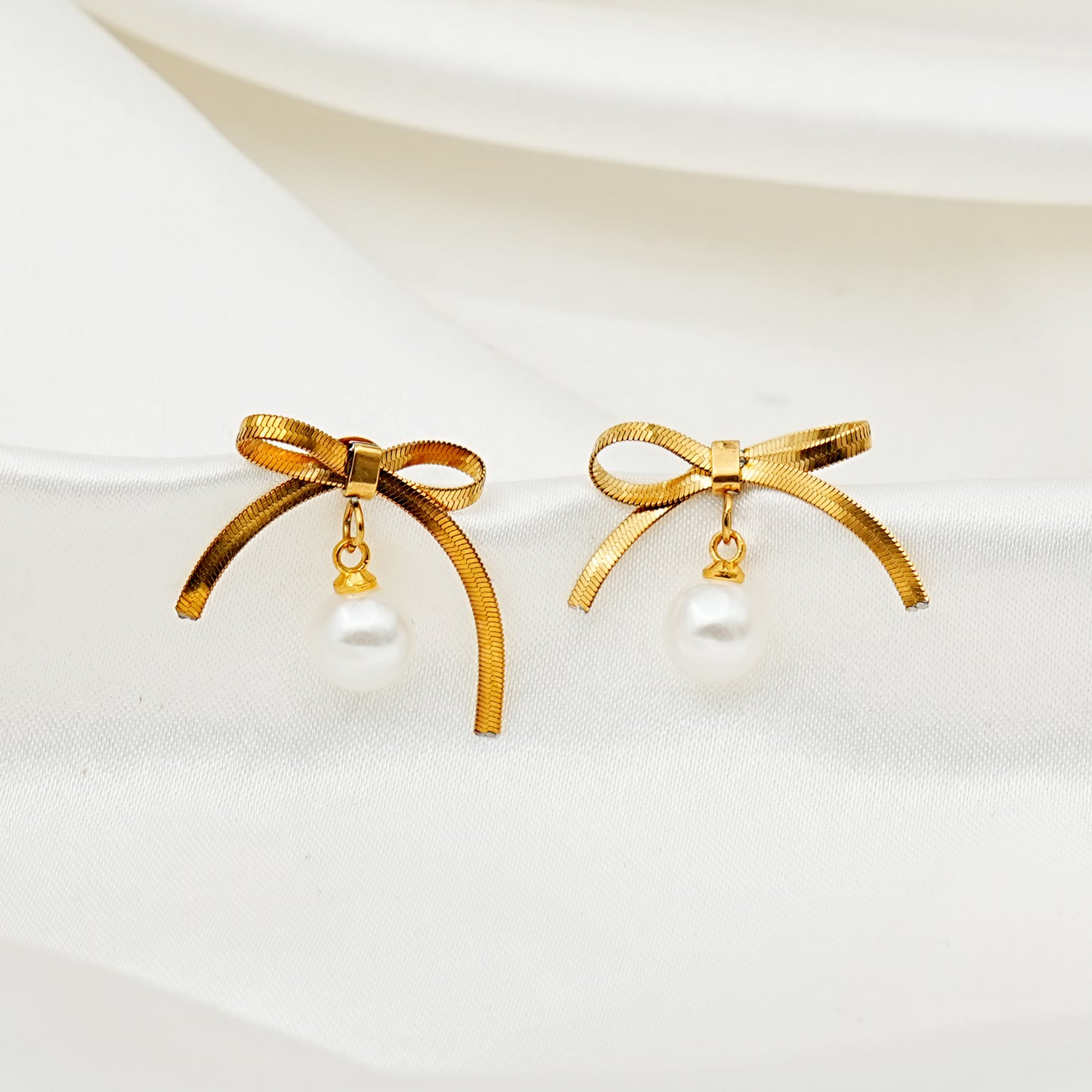 Gold Bow Pearl Drop Earrings