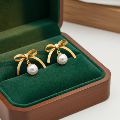 Gold Bow Pearl Drop Earrings