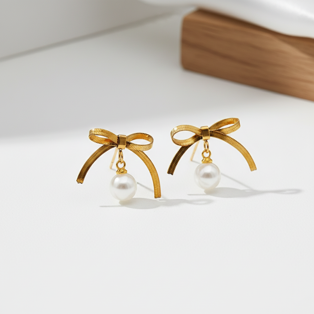 Gold Bow Pearl Drop Earrings