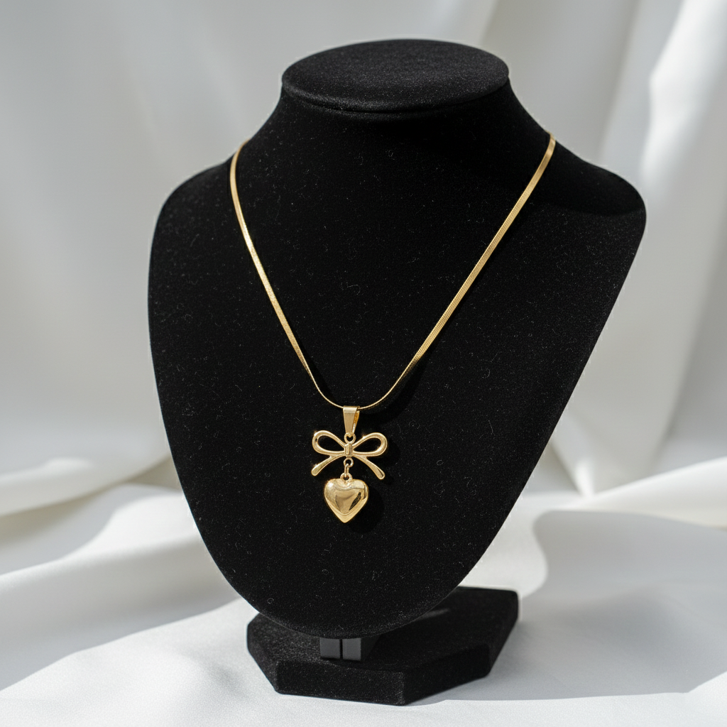 Gold Bow Heart Necklace