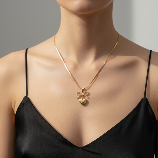 Gold Bow Heart Necklace