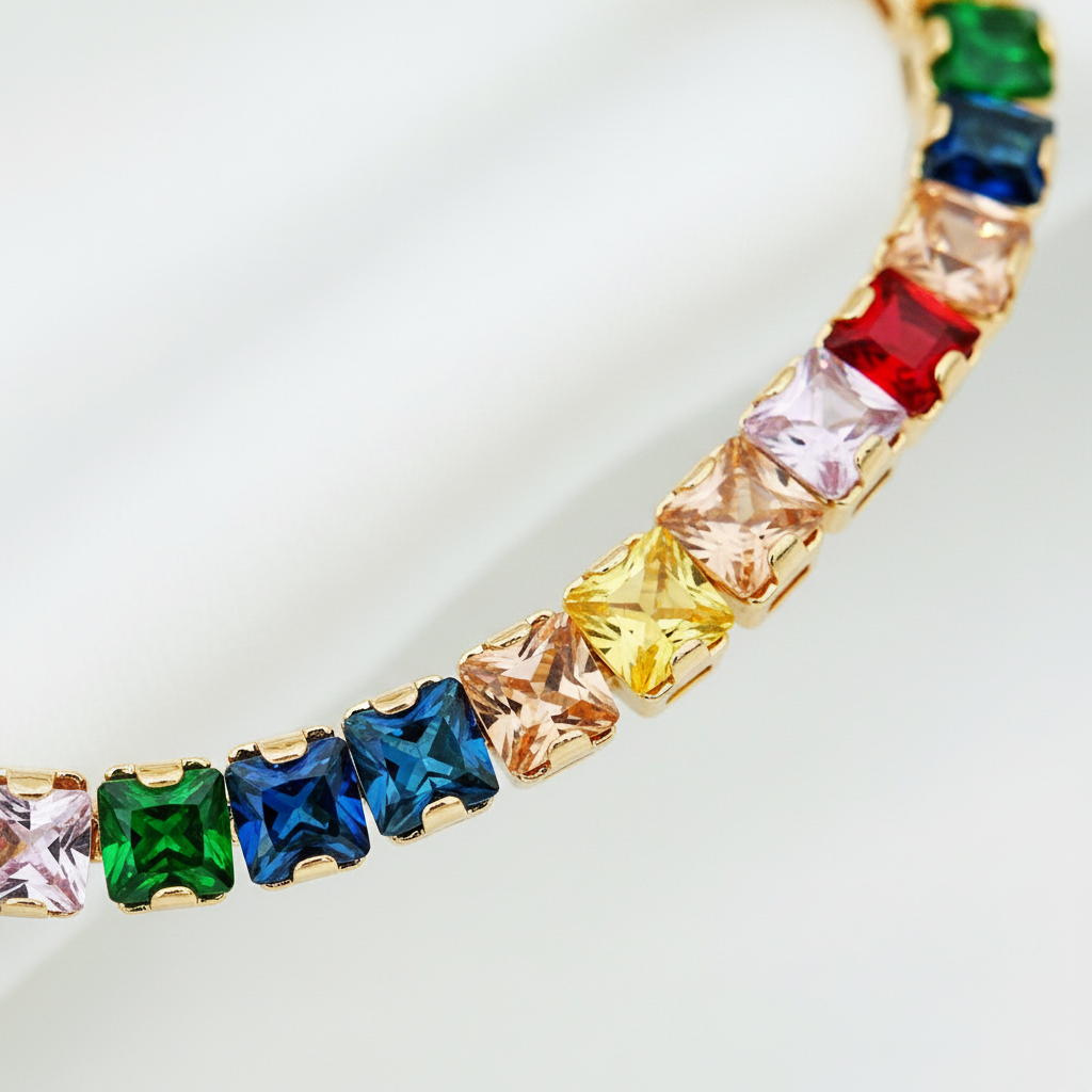 Rainbow Emerald-Cut Gemstone Tennis Bracelet