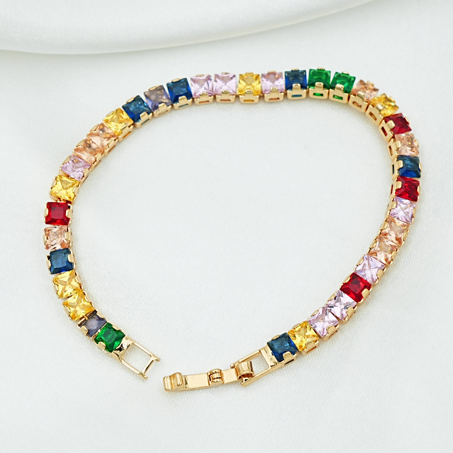Rainbow Emerald-Cut Gemstone Tennis Bracelet