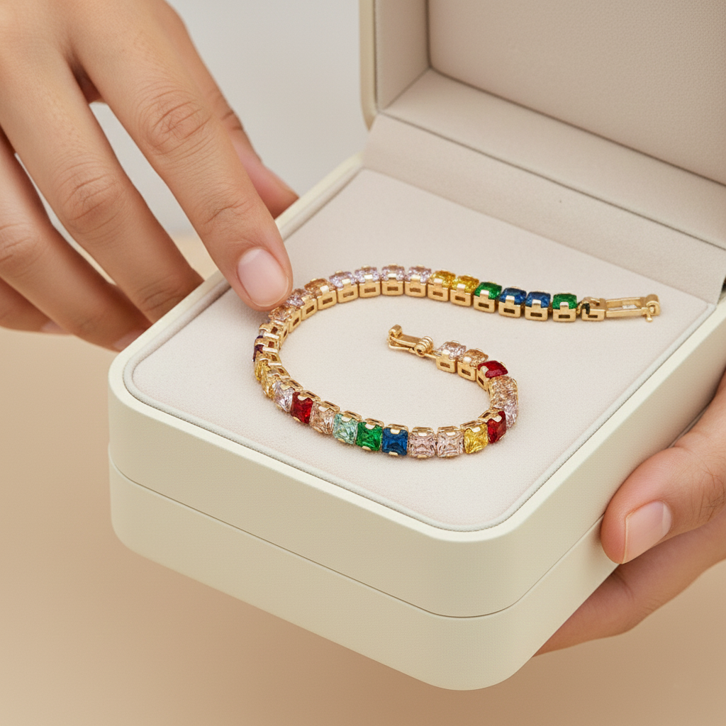 Rainbow Emerald-Cut Gemstone Tennis Bracelet