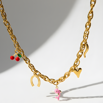 Gold Charm Necklace with Enamel Cherry & Dolphin