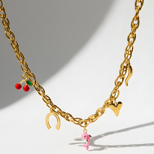 Gold Charm Necklace with Enamel Cherry & Dolphin