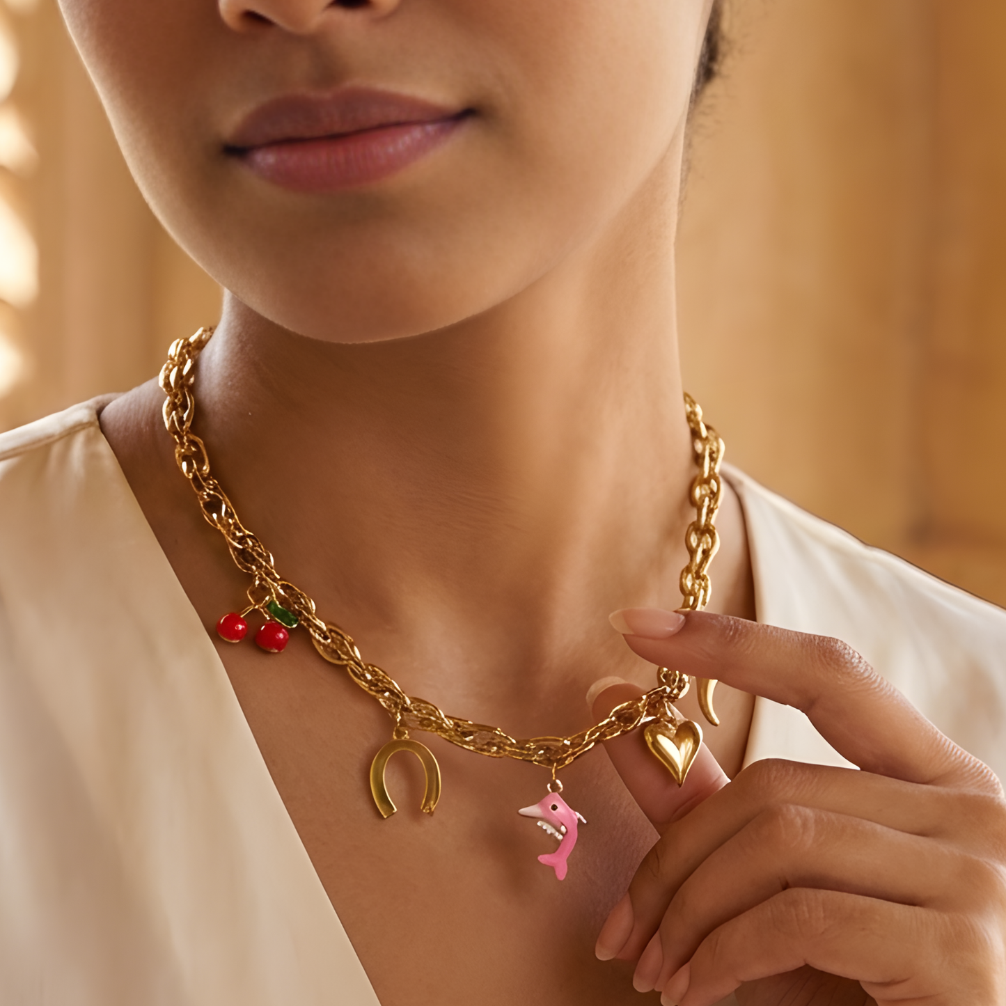 Gold Charm Necklace with Enamel Cherry & Dolphin