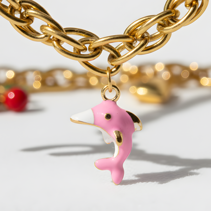 Gold Charm Necklace with Enamel Cherry & Dolphin
