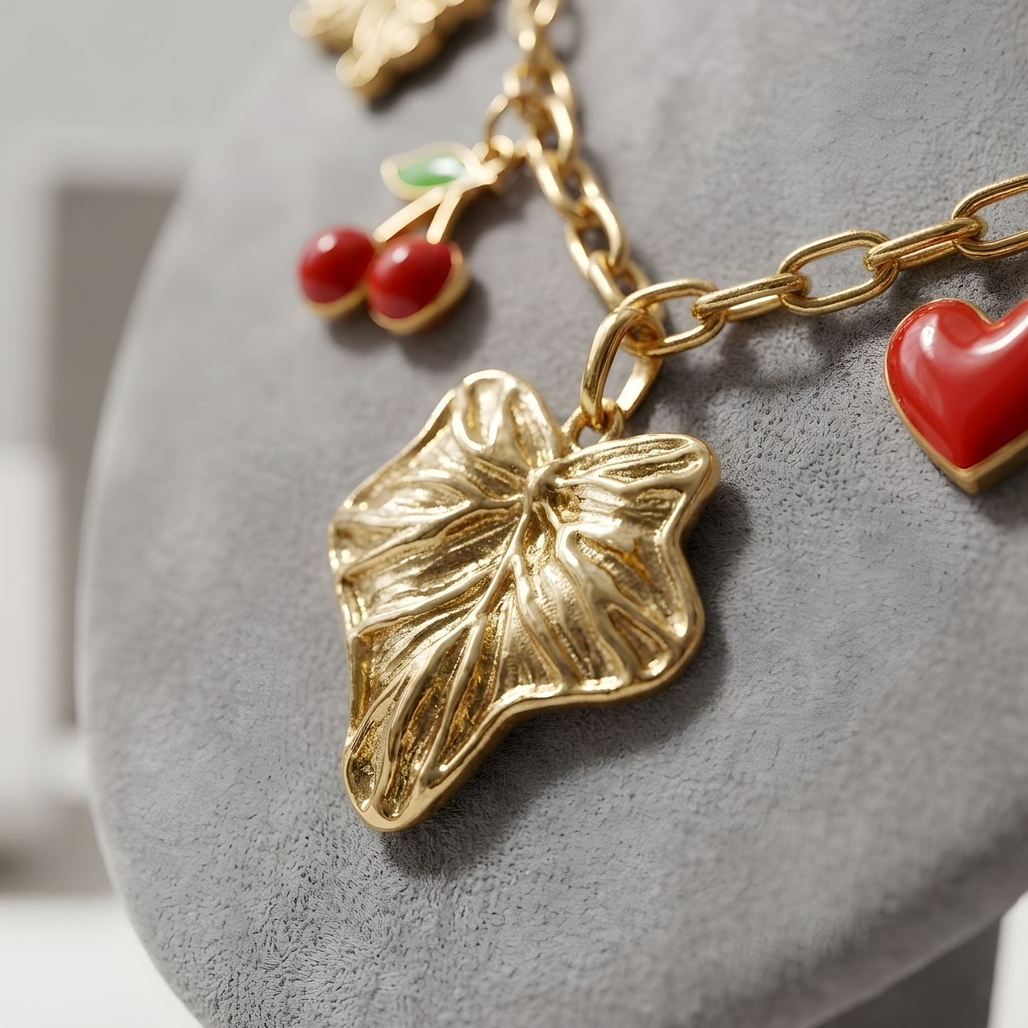 Gold Charm Necklace with Cherry, Heart & Leaf Pendants