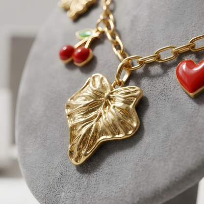 Gold Charm Necklace with Cherry, Heart & Leaf Pendants