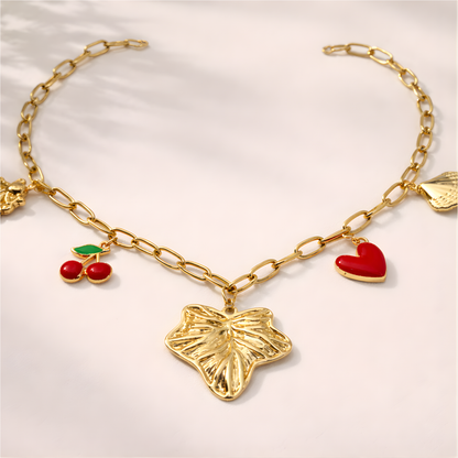 Gold Charm Necklace with Cherry, Heart & Leaf Pendants