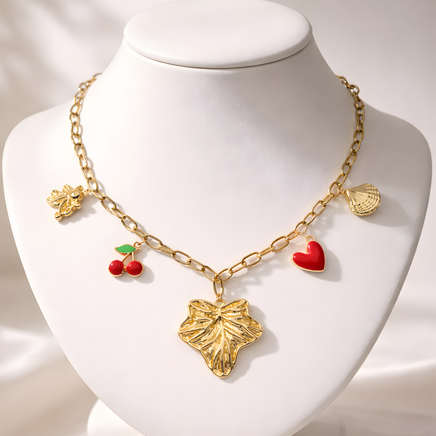 Gold Charm Necklace with Cherry, Heart & Leaf Pendants