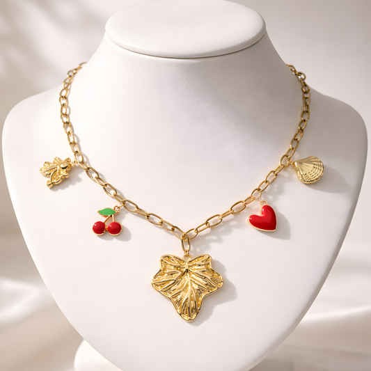 Gold Charm Necklace with Cherry, Heart & Leaf Pendants