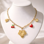 Gold Charm Necklace with Cherry, Heart & Leaf Pendants