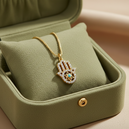 Gold Hamsa Hand Necklace with Evil Eye