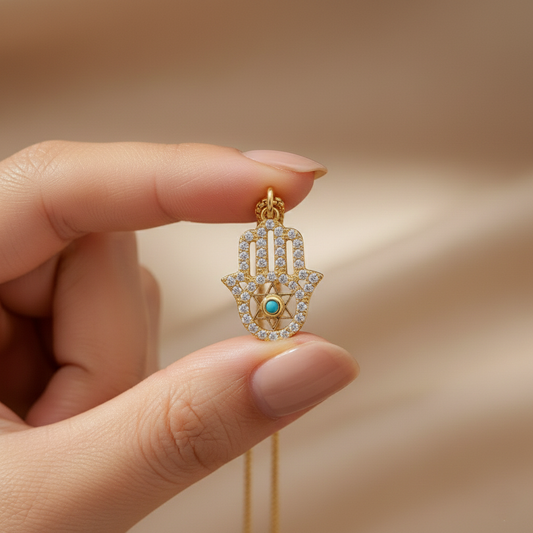 Gold Hamsa Hand Necklace with Evil Eye