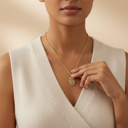 Gold Hamsa Hand Necklace with Evil Eye