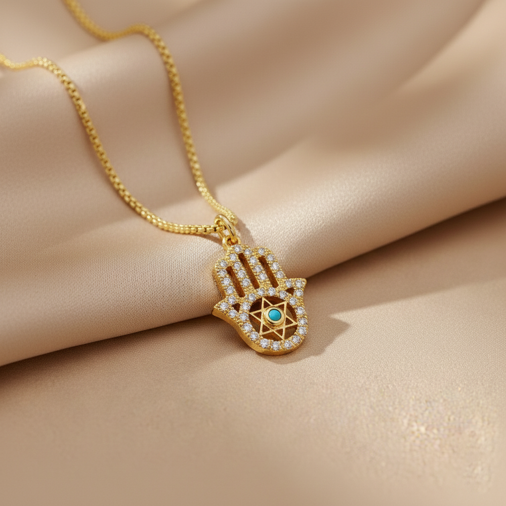 Gold Hamsa Hand Necklace with Evil Eye