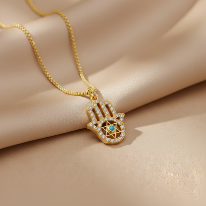 Gold Hamsa Hand Necklace with Evil Eye