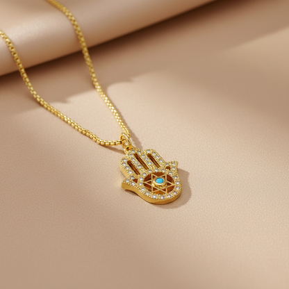 Gold Hamsa Hand Necklace with Evil Eye