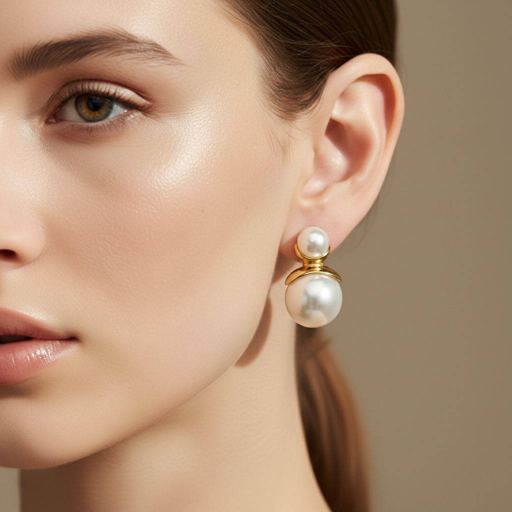 Double Pearl Stud Earrings with Gold Accent