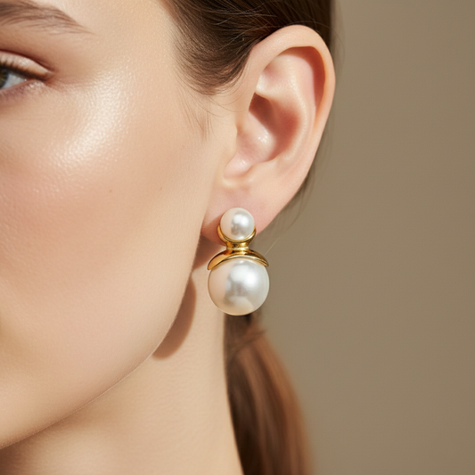 Double Pearl Stud Earrings with Gold Accent