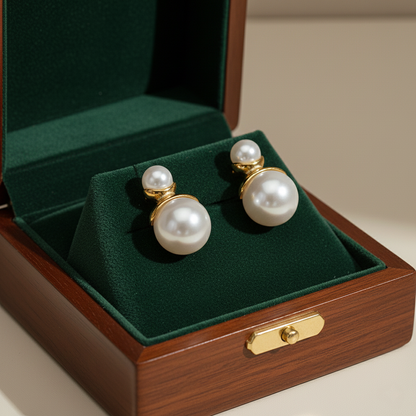 Double Pearl Stud Earrings with Gold Accent