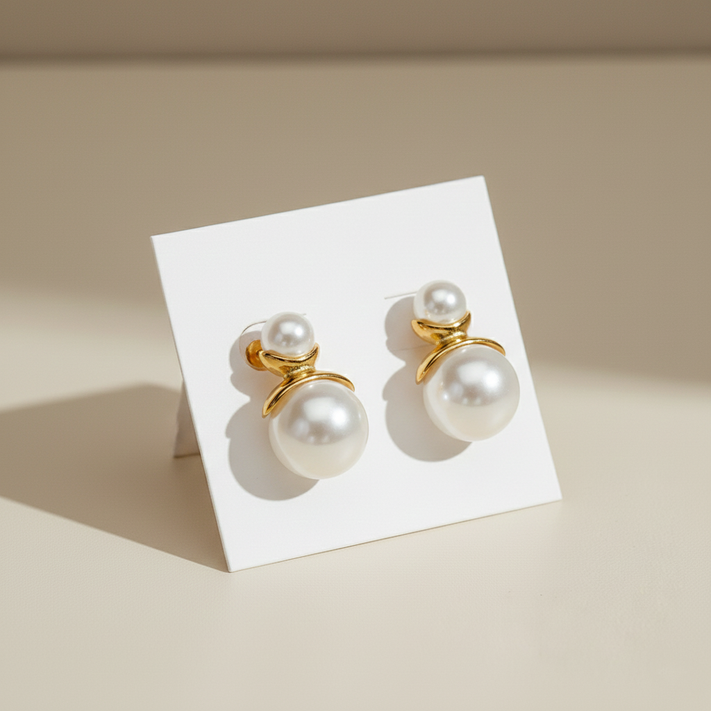 Double Pearl Stud Earrings with Gold Accent